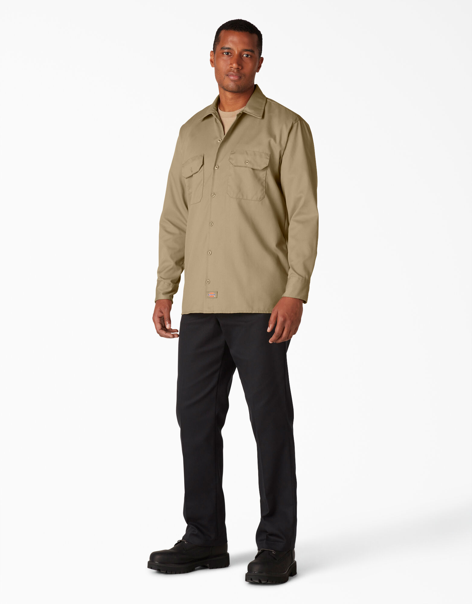 YUNY Men Button-Down-Shirts Solid Work Wear Military Dress Shirts Khaki L 